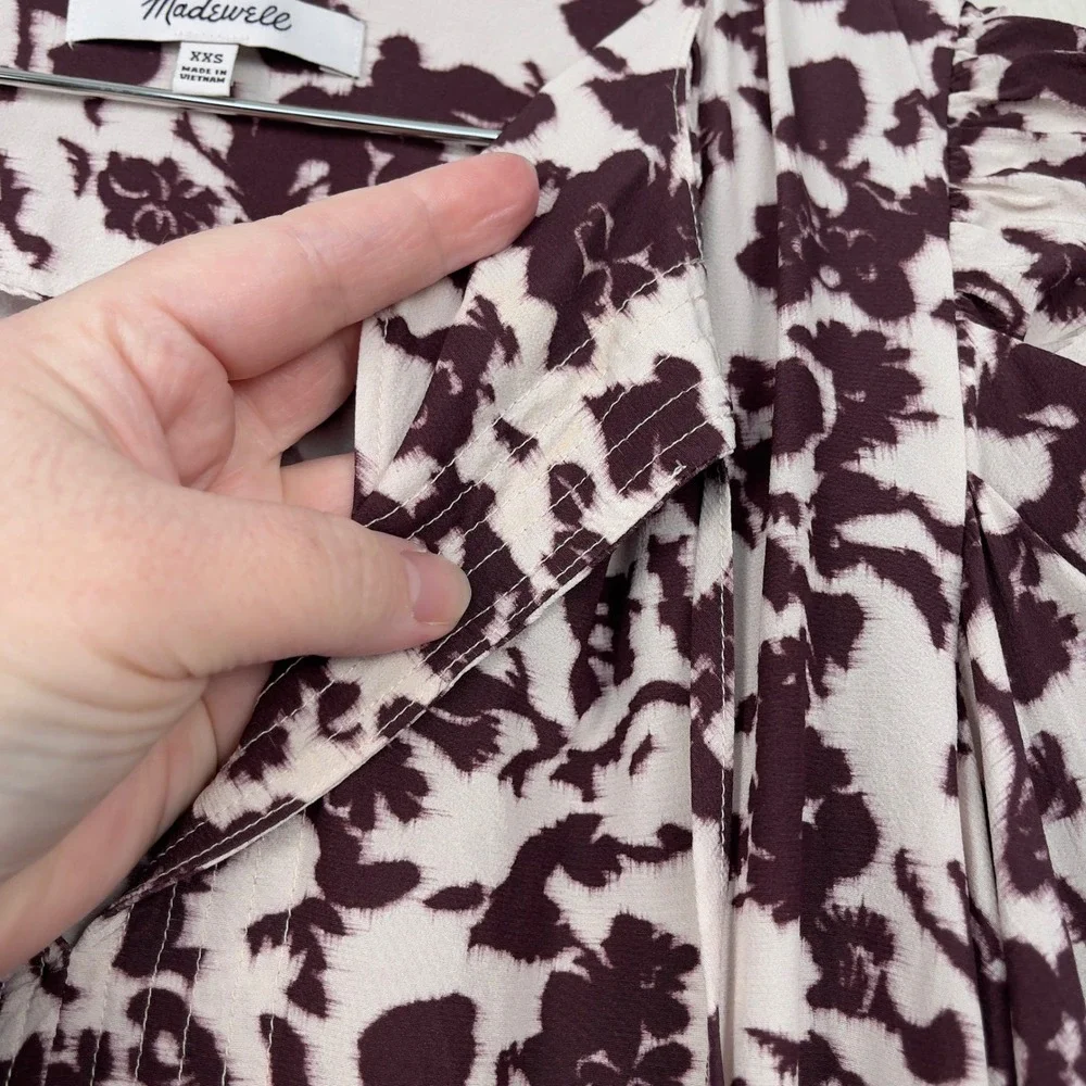 Madewell Draped Tie-Front Top XXS Chocolate Raisin Floral‎ Puff Sleeve